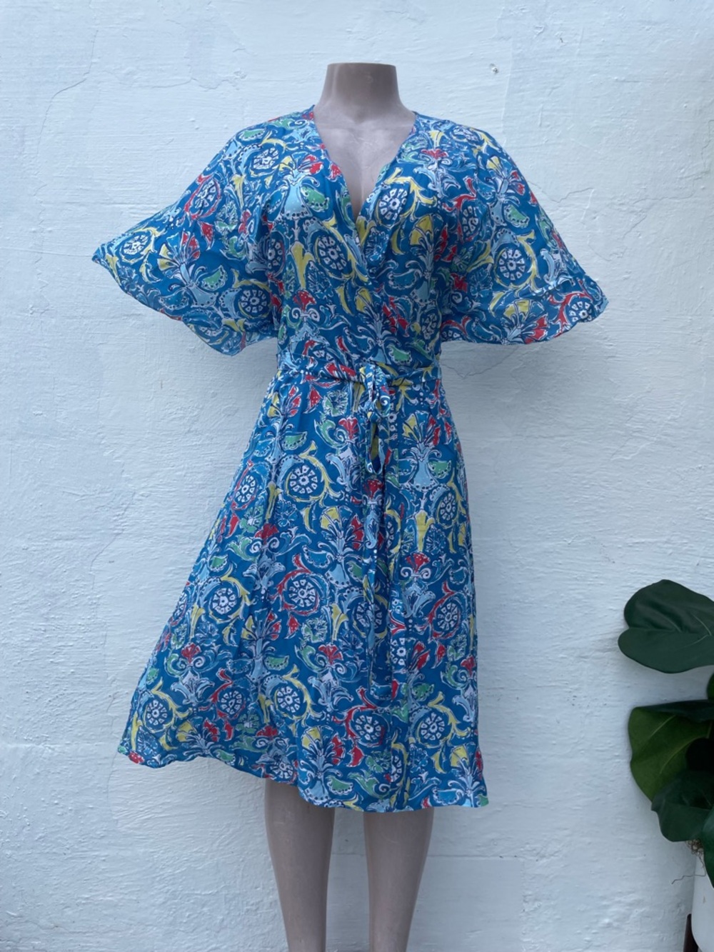 J. McLaughlin Blue Printed Wrap Midi Dress with Tie Waist